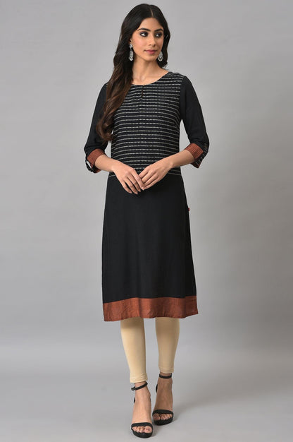 Black Dobby kurta With Biege Tights - wforwoman
