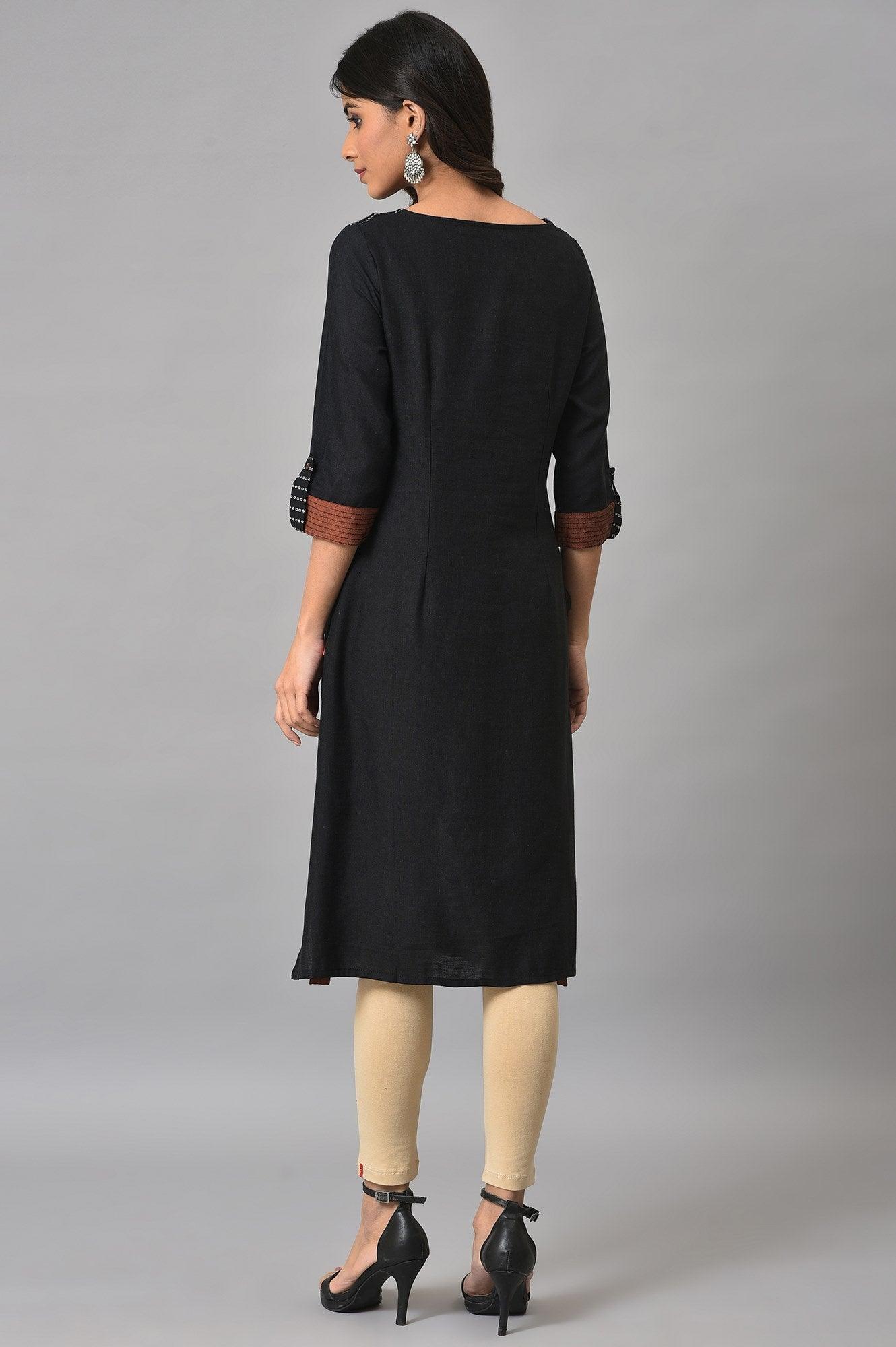 Black Dobby kurta With Biege Tights - wforwoman
