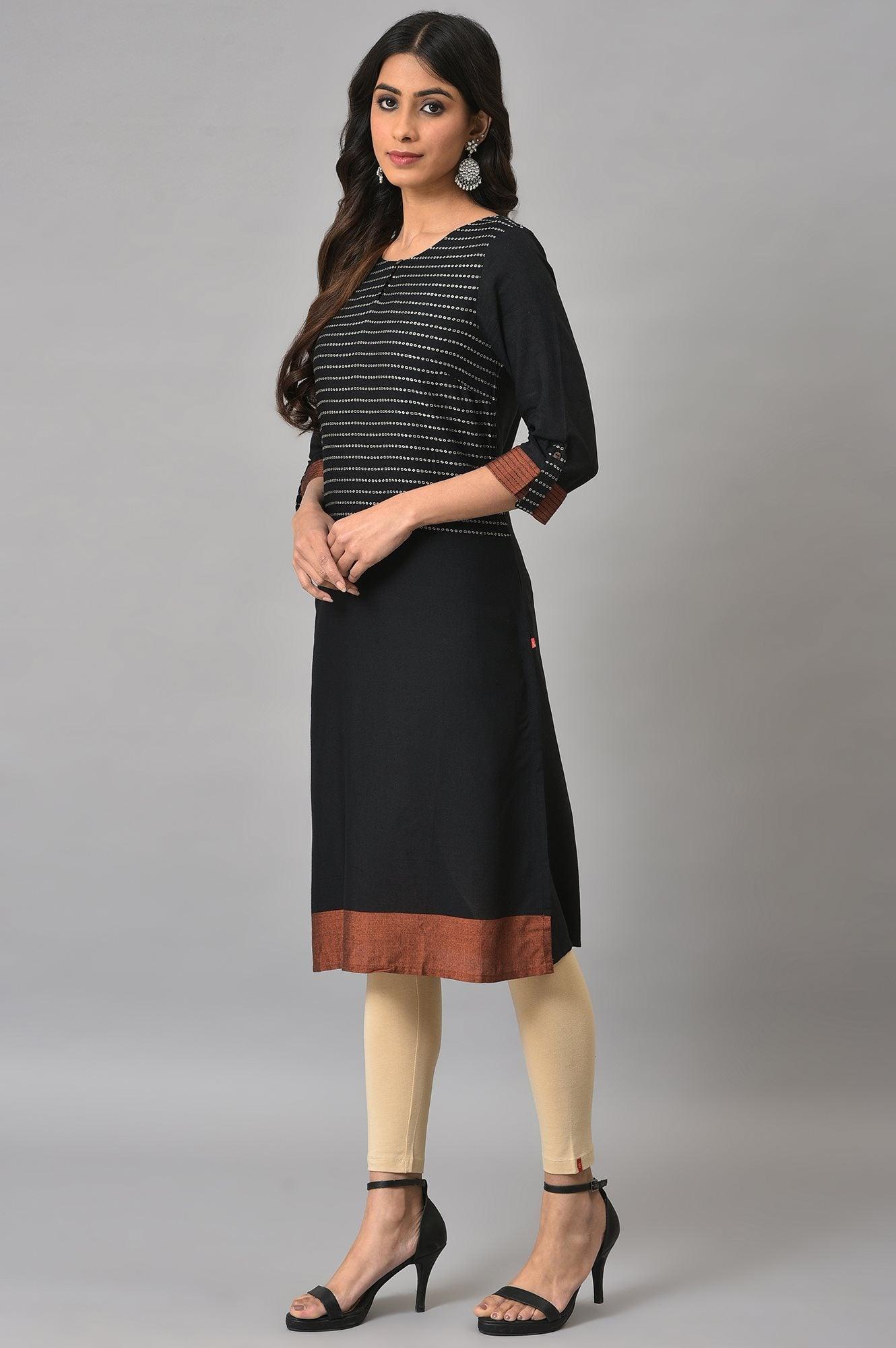 Black Dobby kurta With Biege Tights - wforwoman