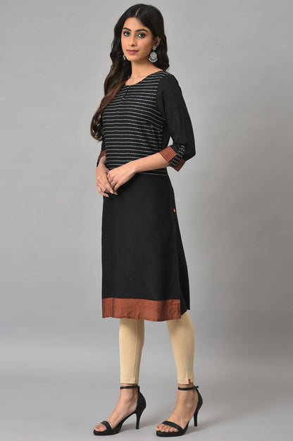 Black Dobby kurta With Biege Tights - wforwoman