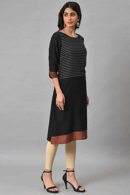 Black Dobby kurta With Biege Tights - wforwoman
