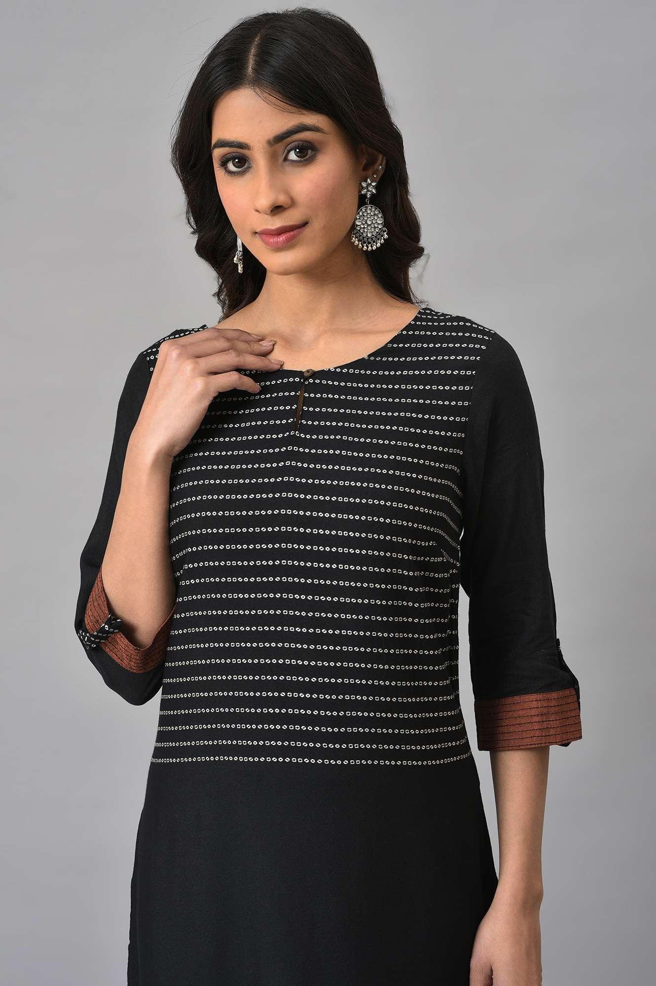 Black Dobby kurta With Biege Tights - wforwoman