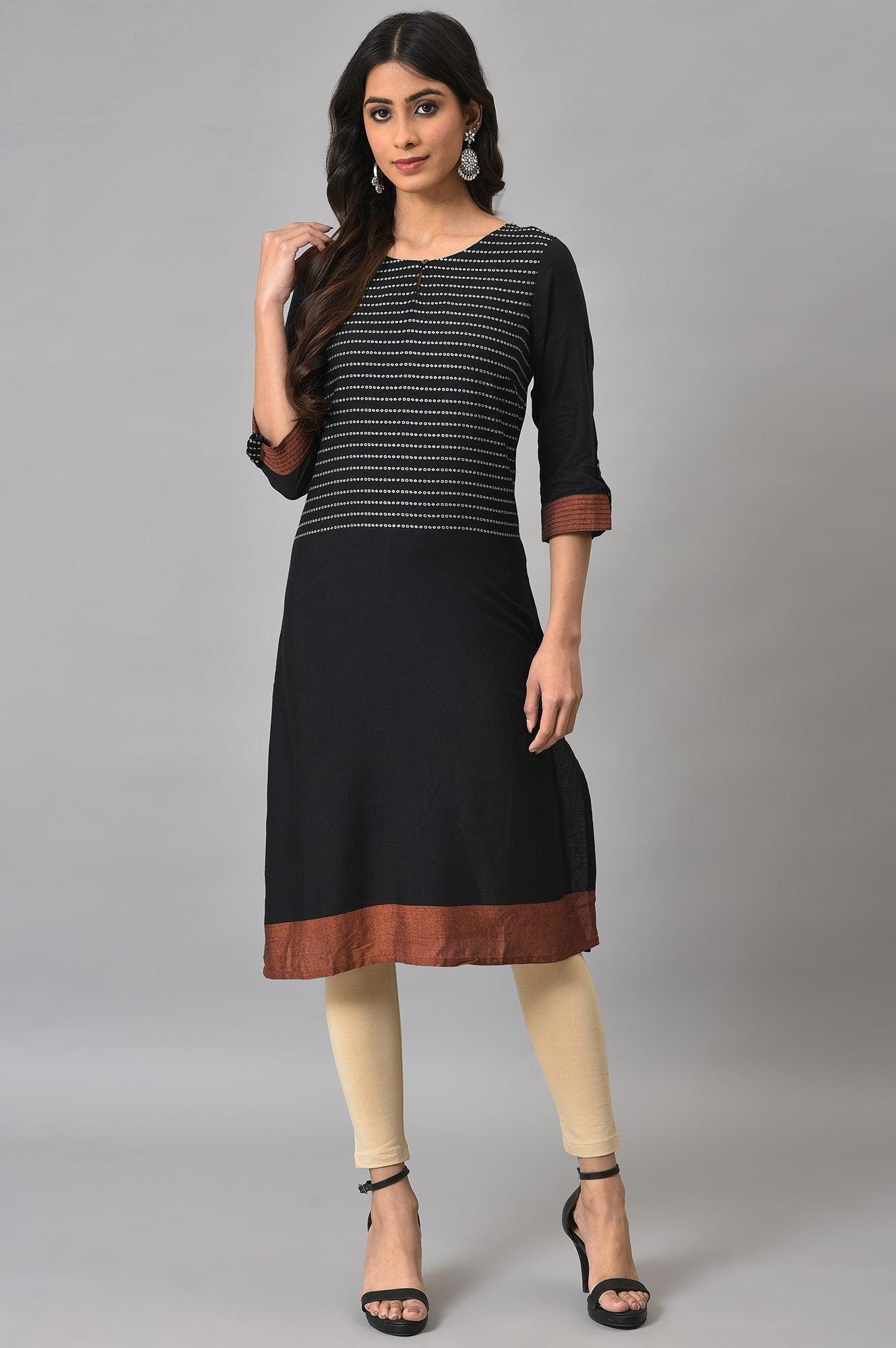 Black Dobby kurta With Biege Tights - wforwoman