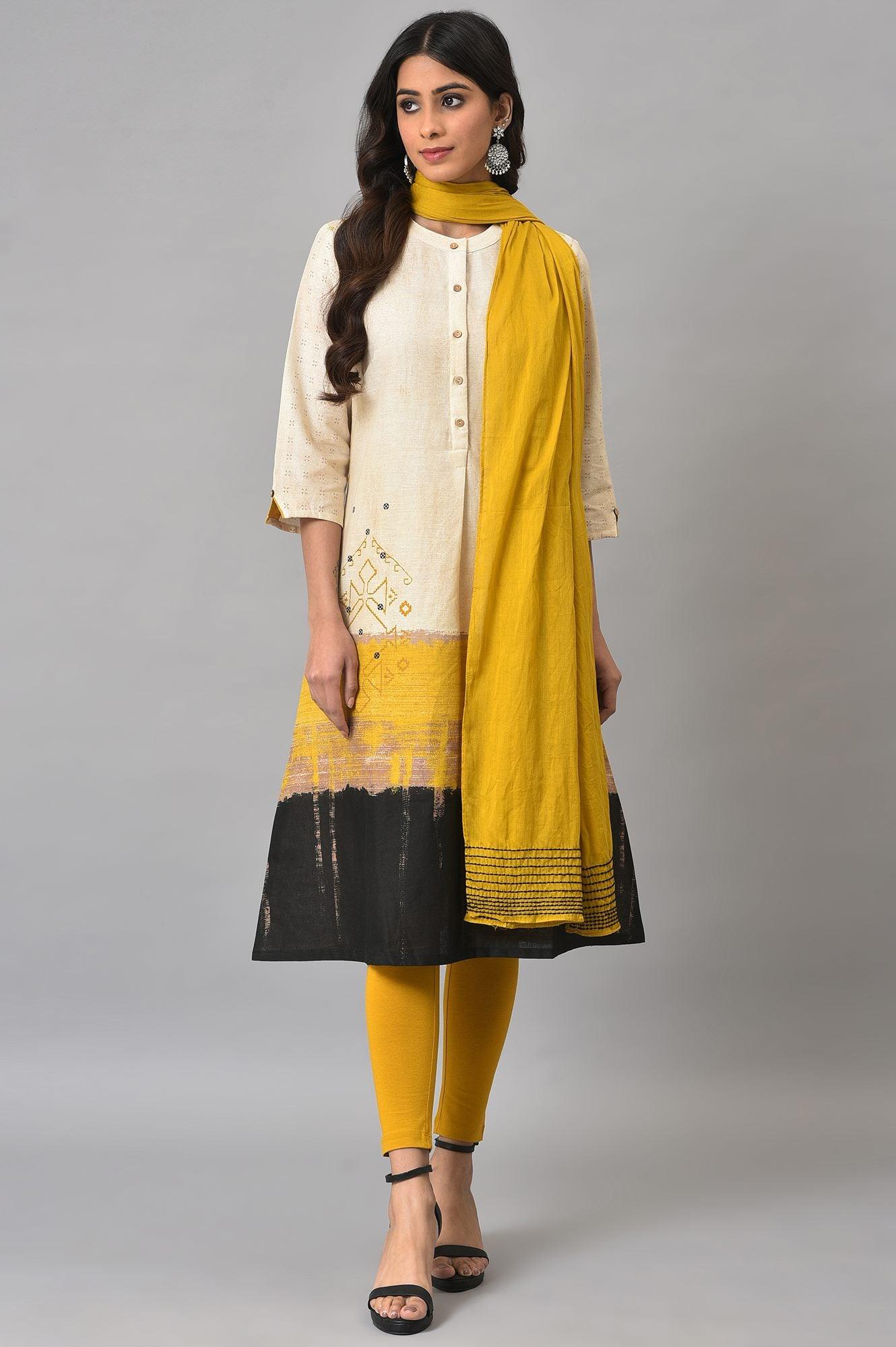 Ecru Printed Shirt kurta With Yellow Straight Pants - wforwoman
