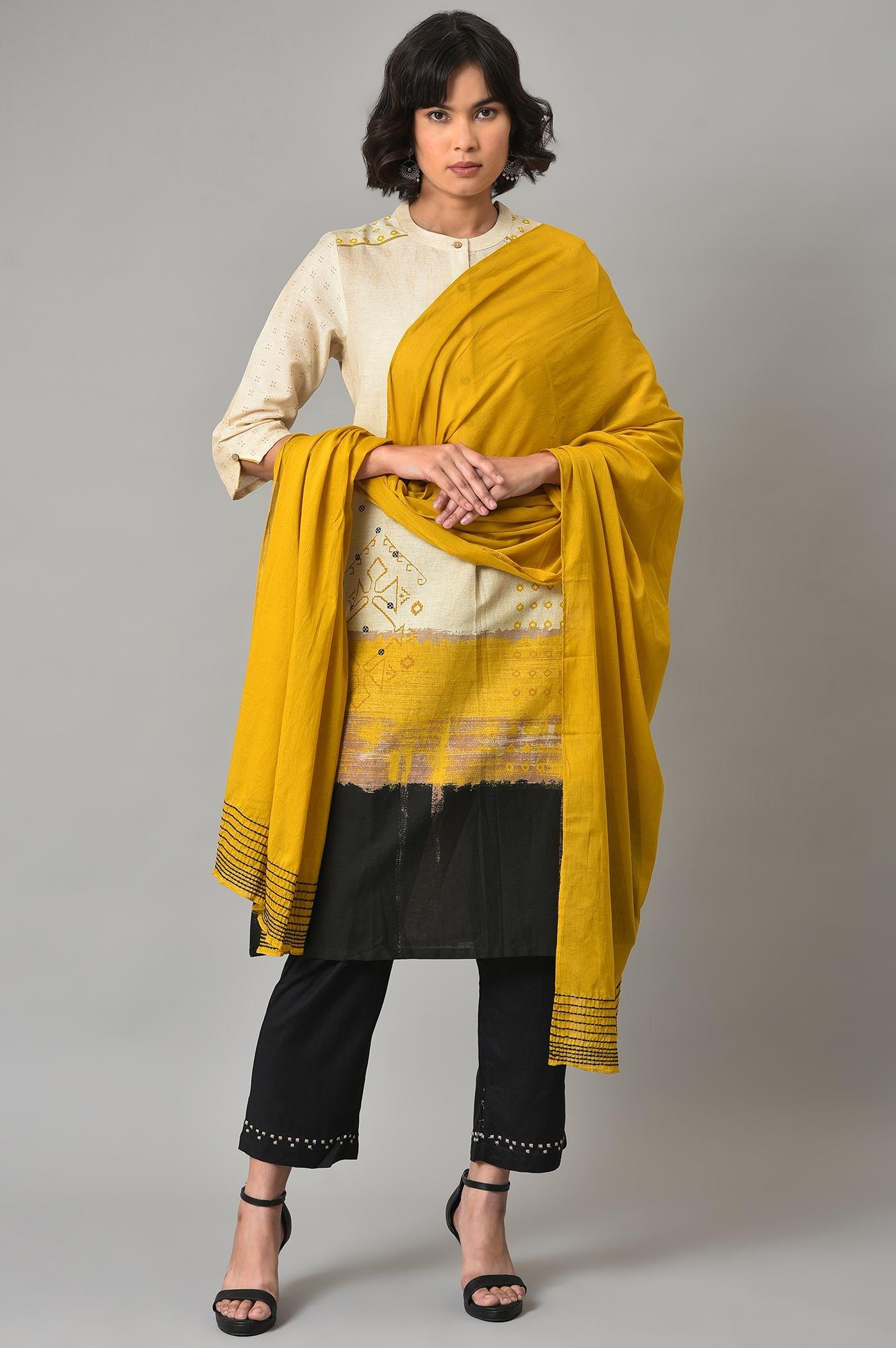 Ecru Printed Shirt kurta With Yellow Straight Pants - wforwoman