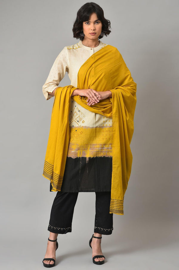 Ecru Printed Shirt kurta With Yellow Straight Pants