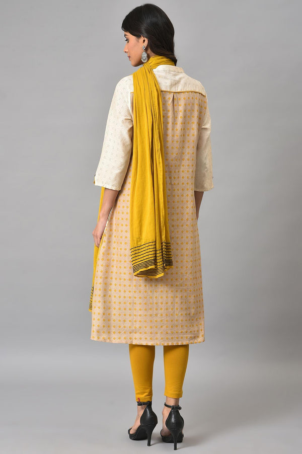 Ecru Printed Shirt kurta With Yellow Straight Pants