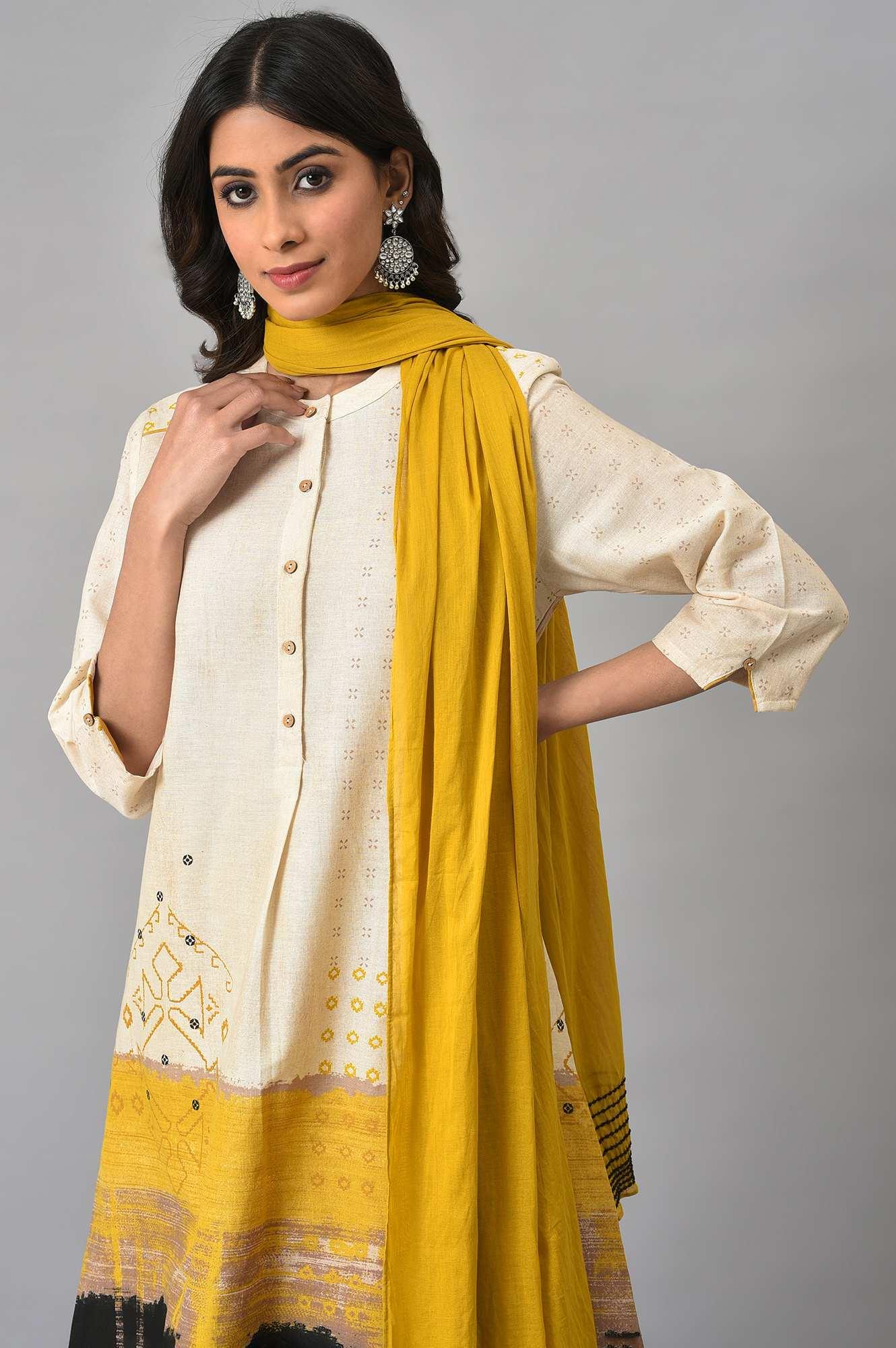 Ecru Printed Shirt kurta With Yellow Straight Pants - wforwoman