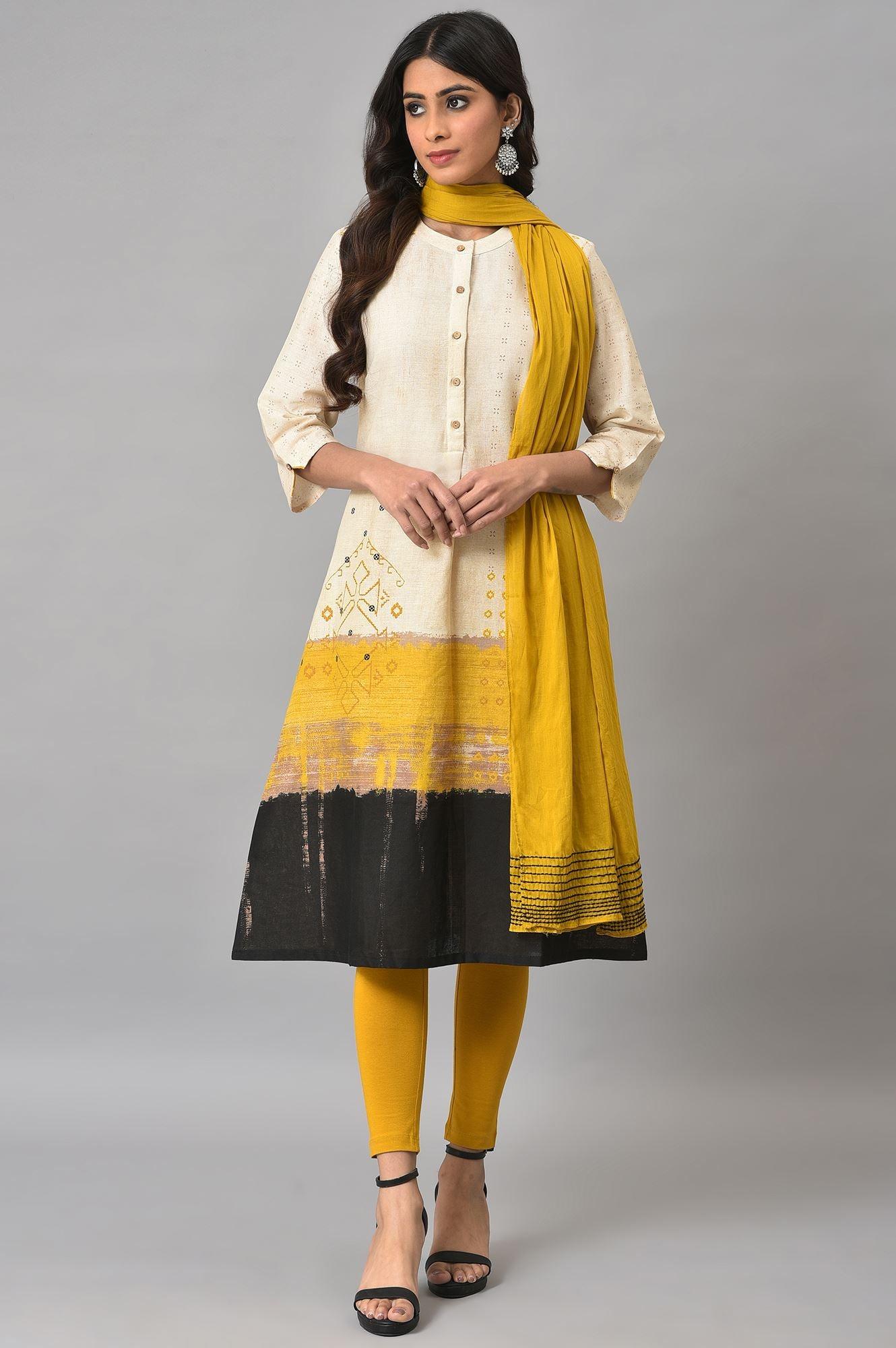 Ecru Printed Shirt kurta With Yellow Straight Pants - wforwoman