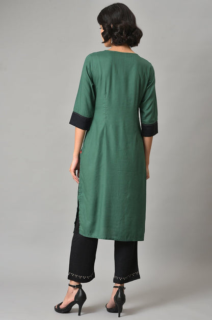 Green Thread Embroidered kurta With Black Straight Pants - wforwoman