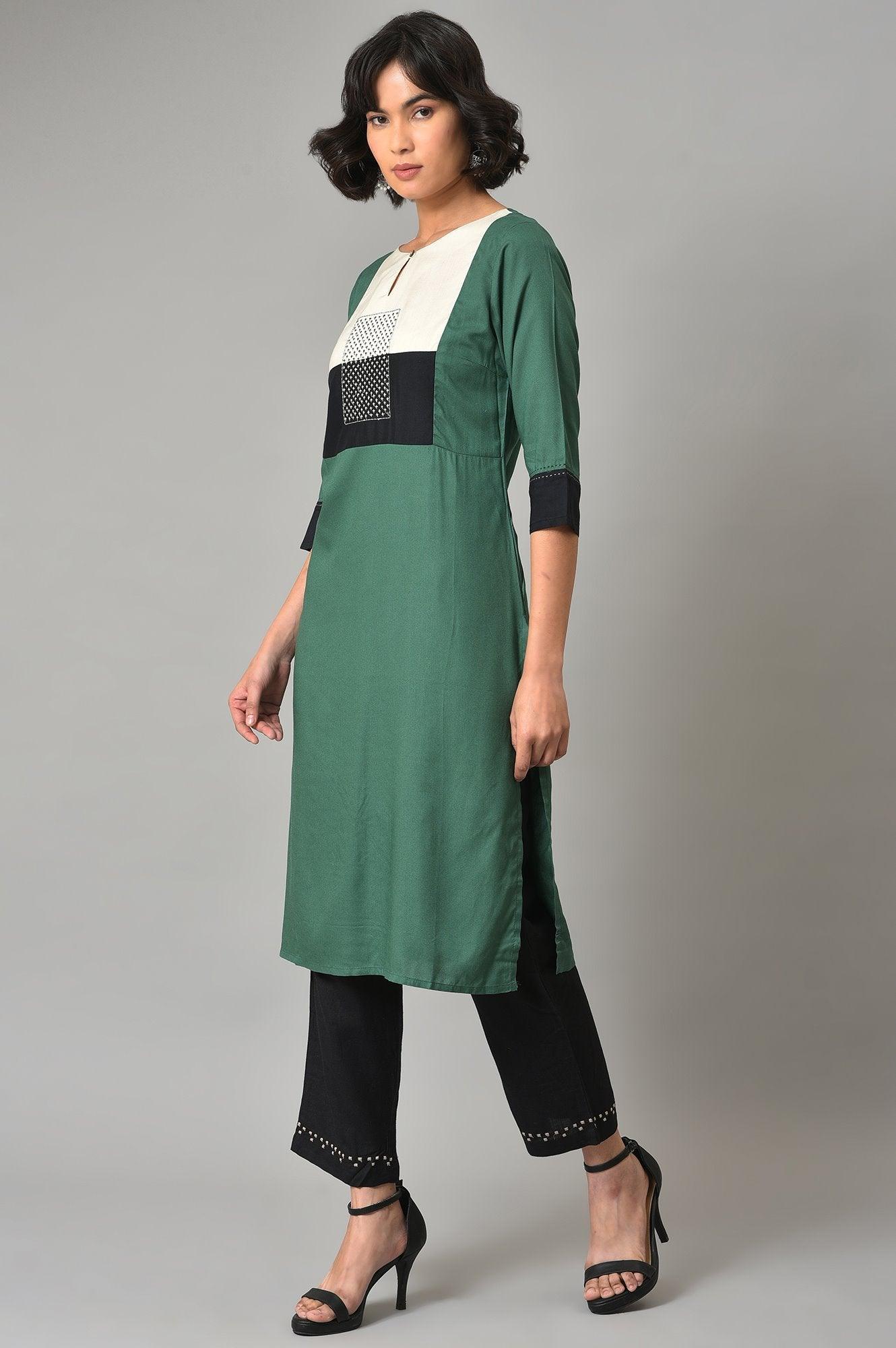 Green Thread Embroidered kurta With Black Straight Pants - wforwoman