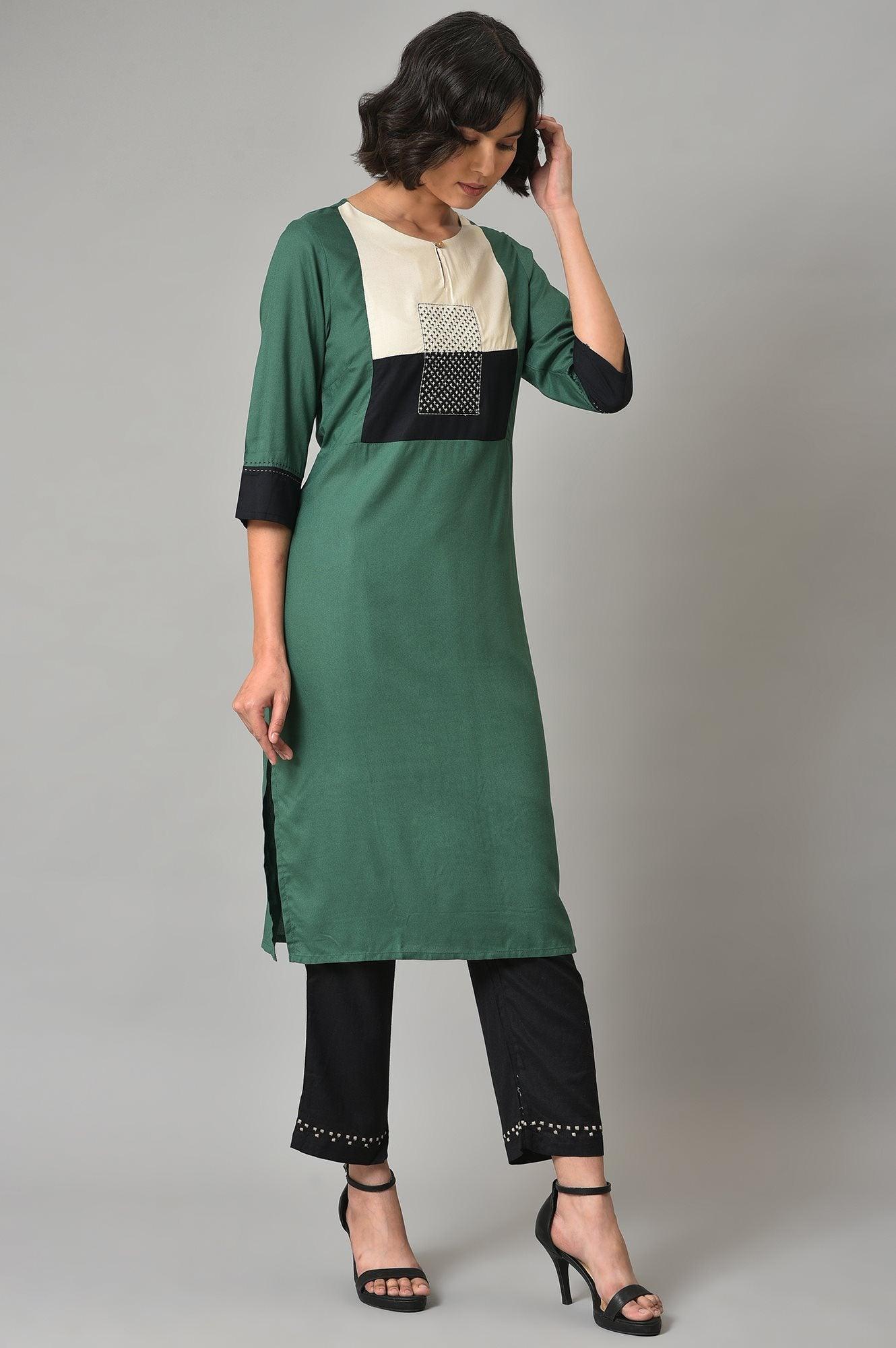 Green Thread Embroidered kurta With Black Straight Pants - wforwoman