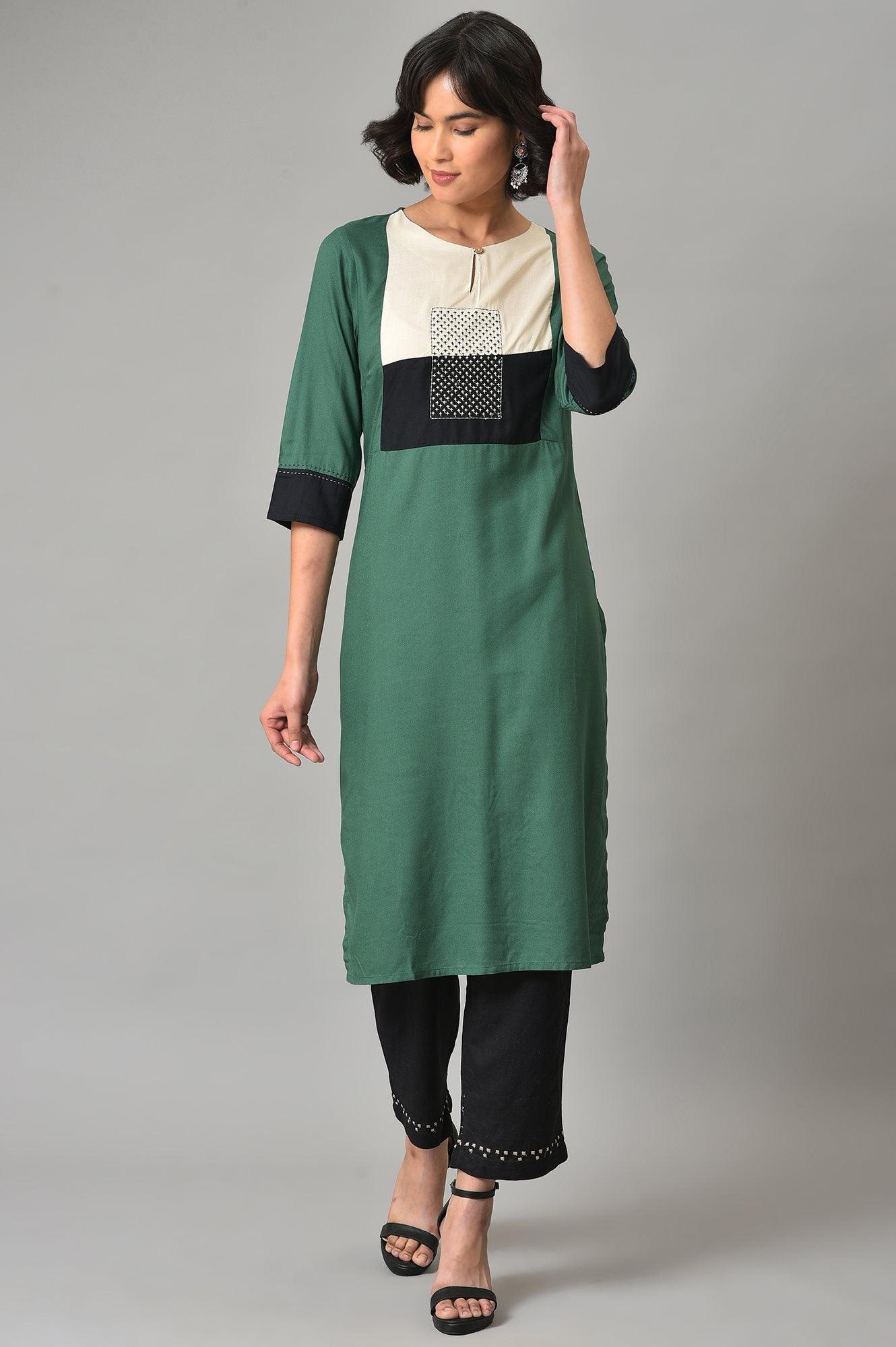Green Thread Embroidered kurta With Black Straight Pants - wforwoman