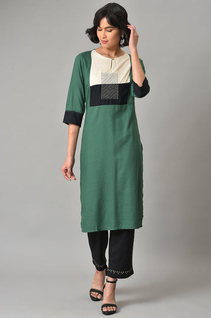 Green Thread Embroidered kurta With Black Straight Pants - wforwoman