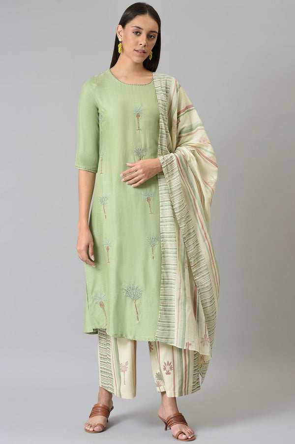 Light Green Embroidered Straight Kurta with Printed Parallel Pants and Dupatta Set