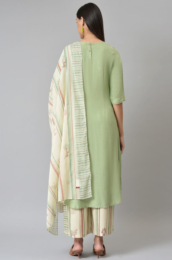 Light Green Embroidered Straight Kurta with Printed Parallel Pants and Dupatta Set