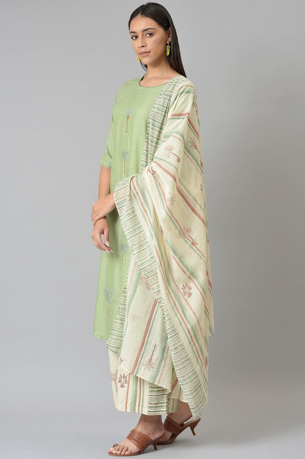 Light Green Embroidered Straight Kurta with Printed Parallel Pants and Dupatta Set