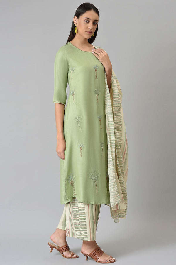 Light Green Embroidered Straight Kurta with Printed Parallel Pants and Dupatta Set