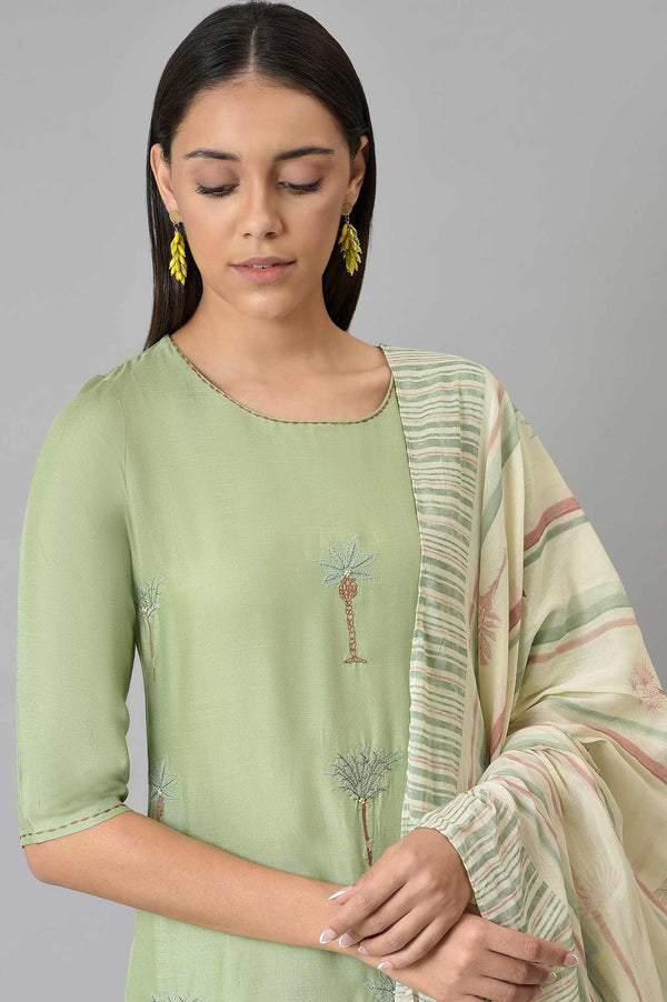 Light Green Embroidered Straight Kurta with Printed Parallel Pants and Dupatta Set