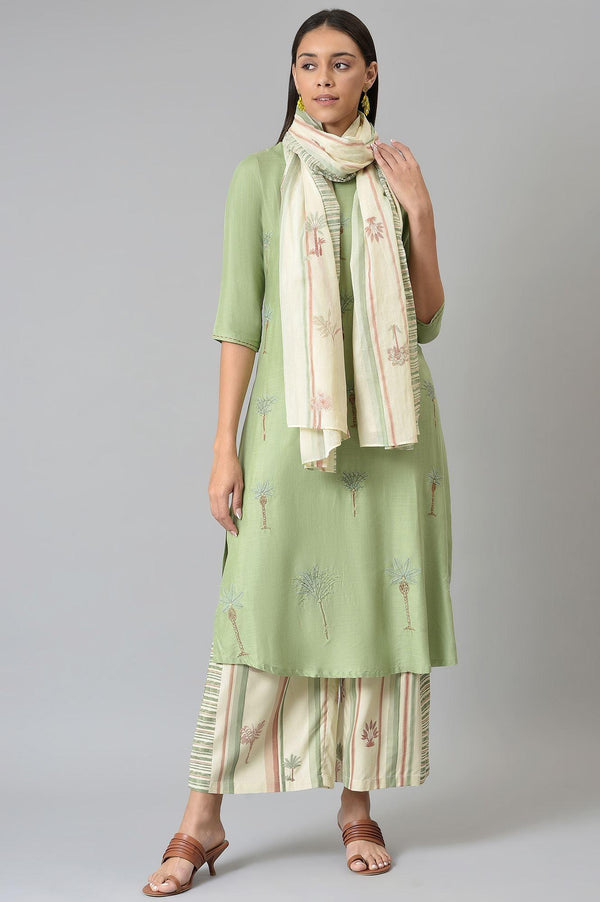 Light Green Embroidered Straight Kurta with Printed Parallel Pants and Dupatta Set