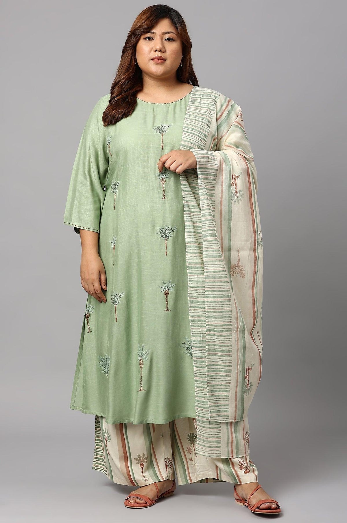Light Green Plus Size Embroidered kurta With Printed Parallel Pants And Dupatta - 20