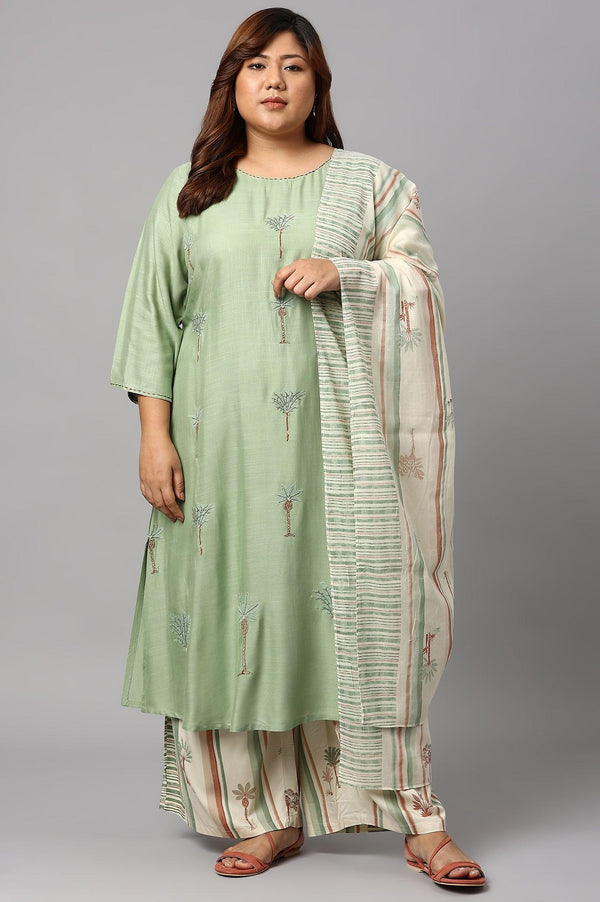 Light Green Plus Size Embroidered kurta With Printed Parallel Pants And Dupatta