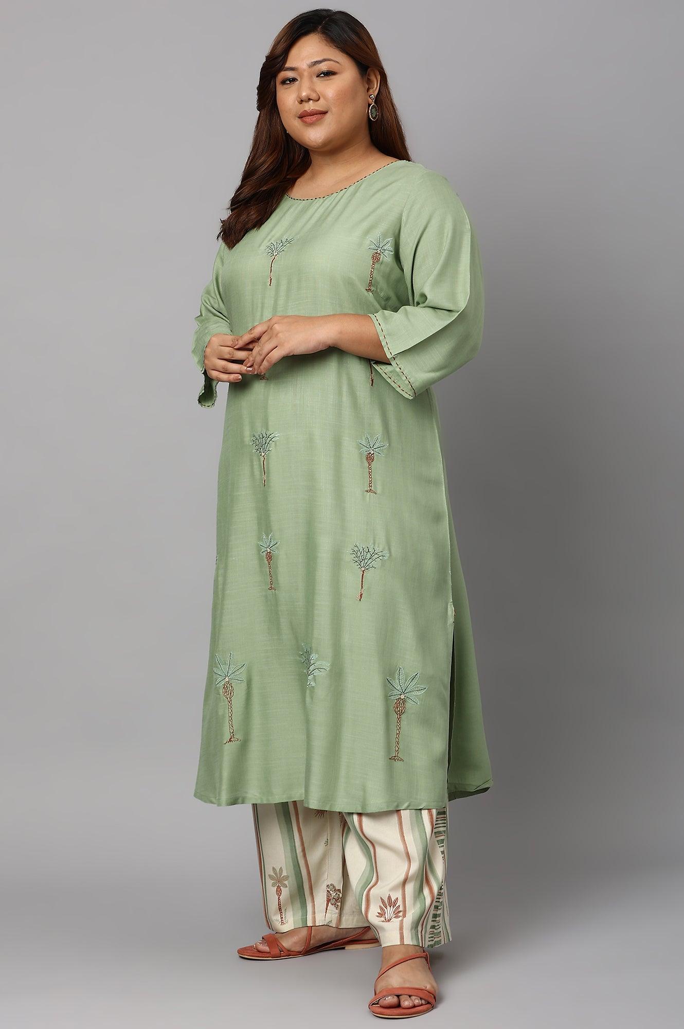 Light Green Plus Size Embroidered kurta With Printed Parallel Pants And Dupatta - wforwoman