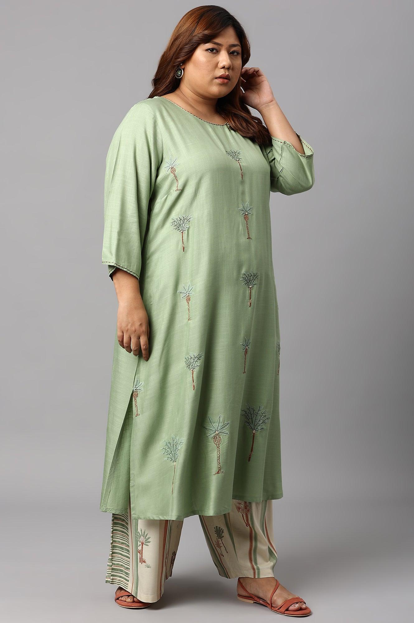Light Green Plus Size Embroidered kurta With Printed Parallel Pants And Dupatta - wforwoman