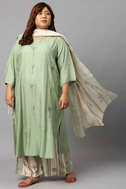 Light Green Plus Size Embroidered kurta With Printed Parallel Pants And Dupatta - wforwoman