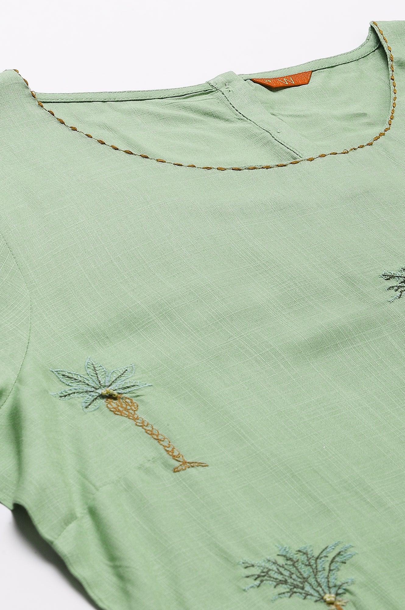 Light Green Plus Size Embroidered kurta With Printed Parallel Pants And Dupatta - wforwoman