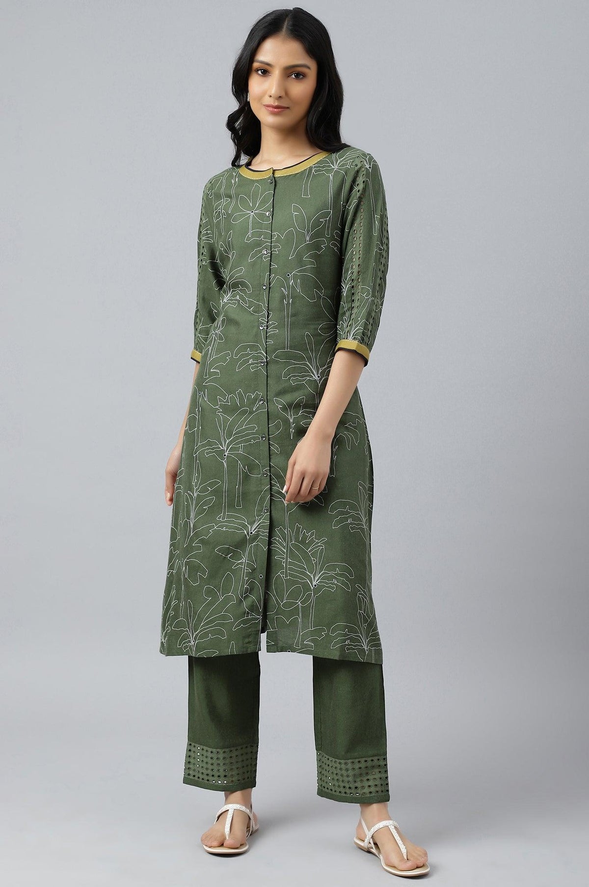 Dark Green A-Line Kurta with Straight Pants - XS