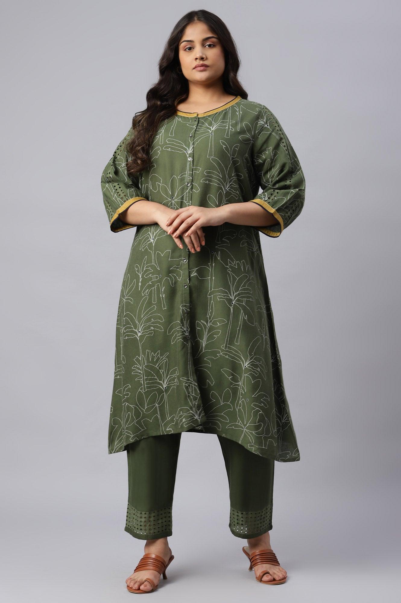 Dark Green Plus Size Landscape Print kurta With Pants - wforwoman