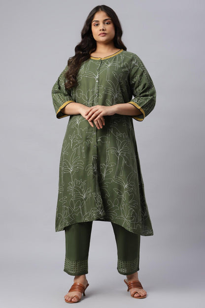 Dark Green Plus Size Landscape Print kurta With Pants - wforwoman