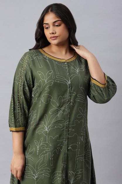 Dark Green Plus Size Landscape Print kurta With Pants - wforwoman