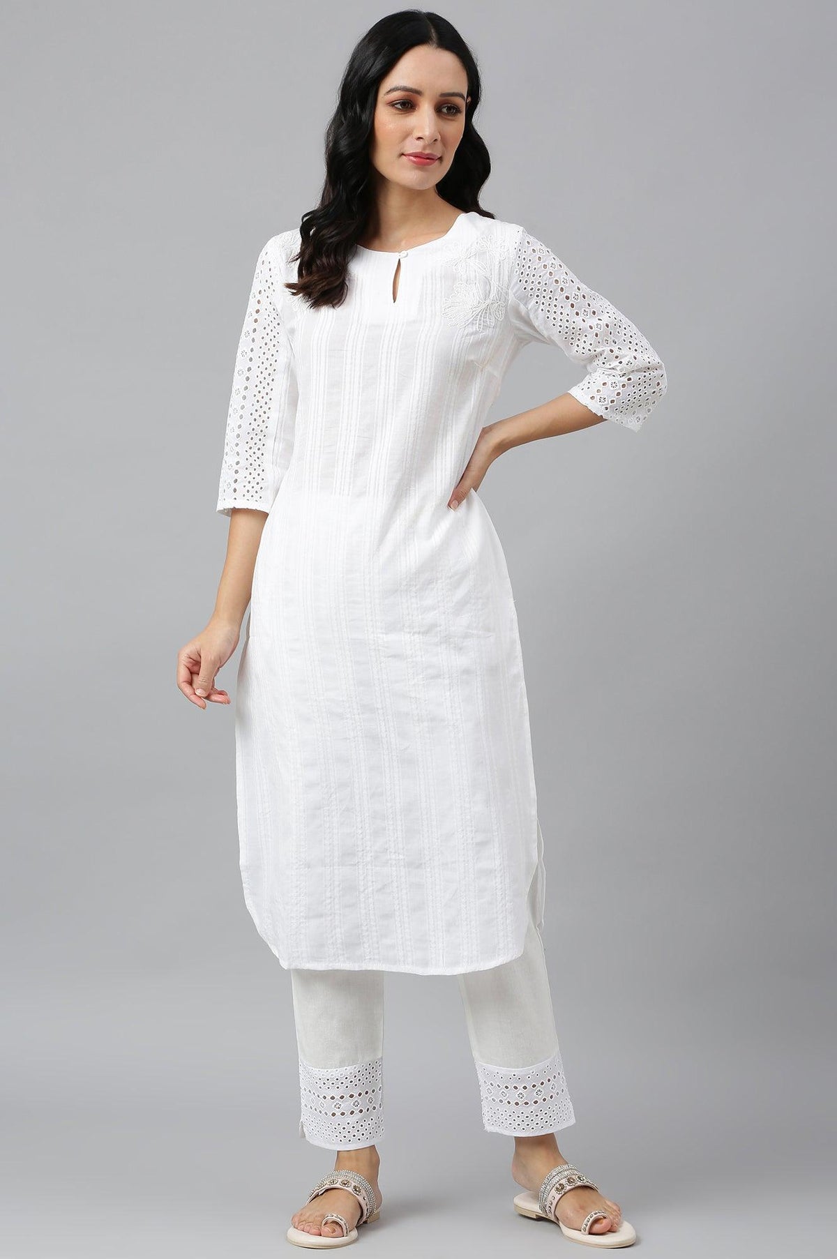 Ecru Textured Schiffli kurta With Pants Set - XS