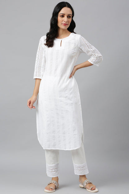 Ecru Textured Schiffli kurta With Pants Set - wforwoman