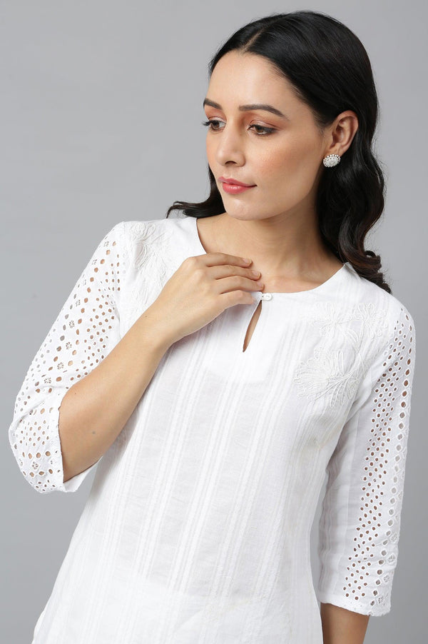 Ecru Textured Schiffli kurta With Pants Set