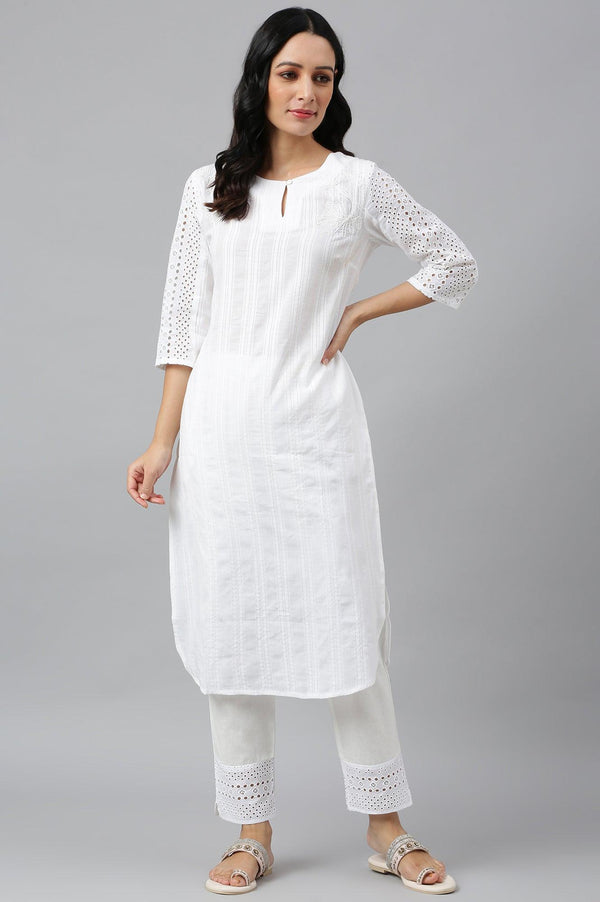 Ecru Textured Schiffli kurta With Pants Set