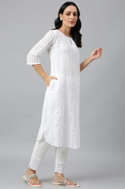 Ecru Textured Schiffli kurta With Pants Set - wforwoman