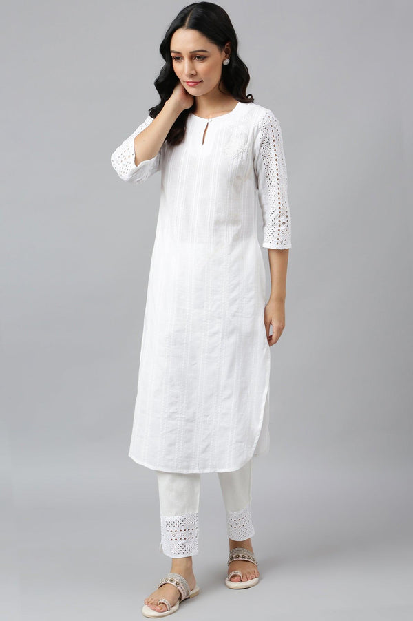 Ecru Textured Schiffli kurta With Pants Set