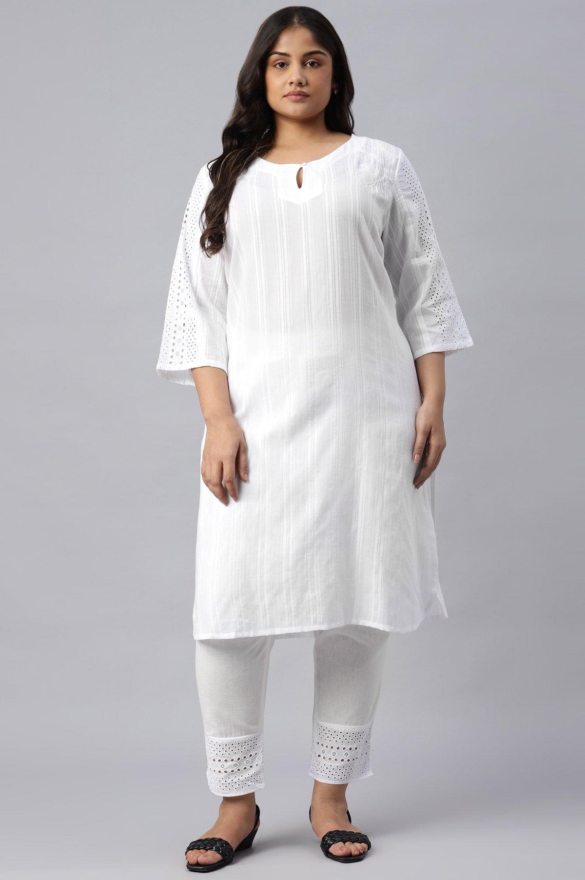 Plus Size Ecru Textured Schiffli kurta With Pants Set - 20