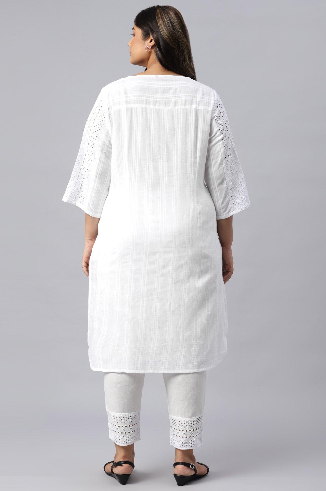 Plus Size Ecru Textured Schiffli kurta With Pants Set - wforwoman