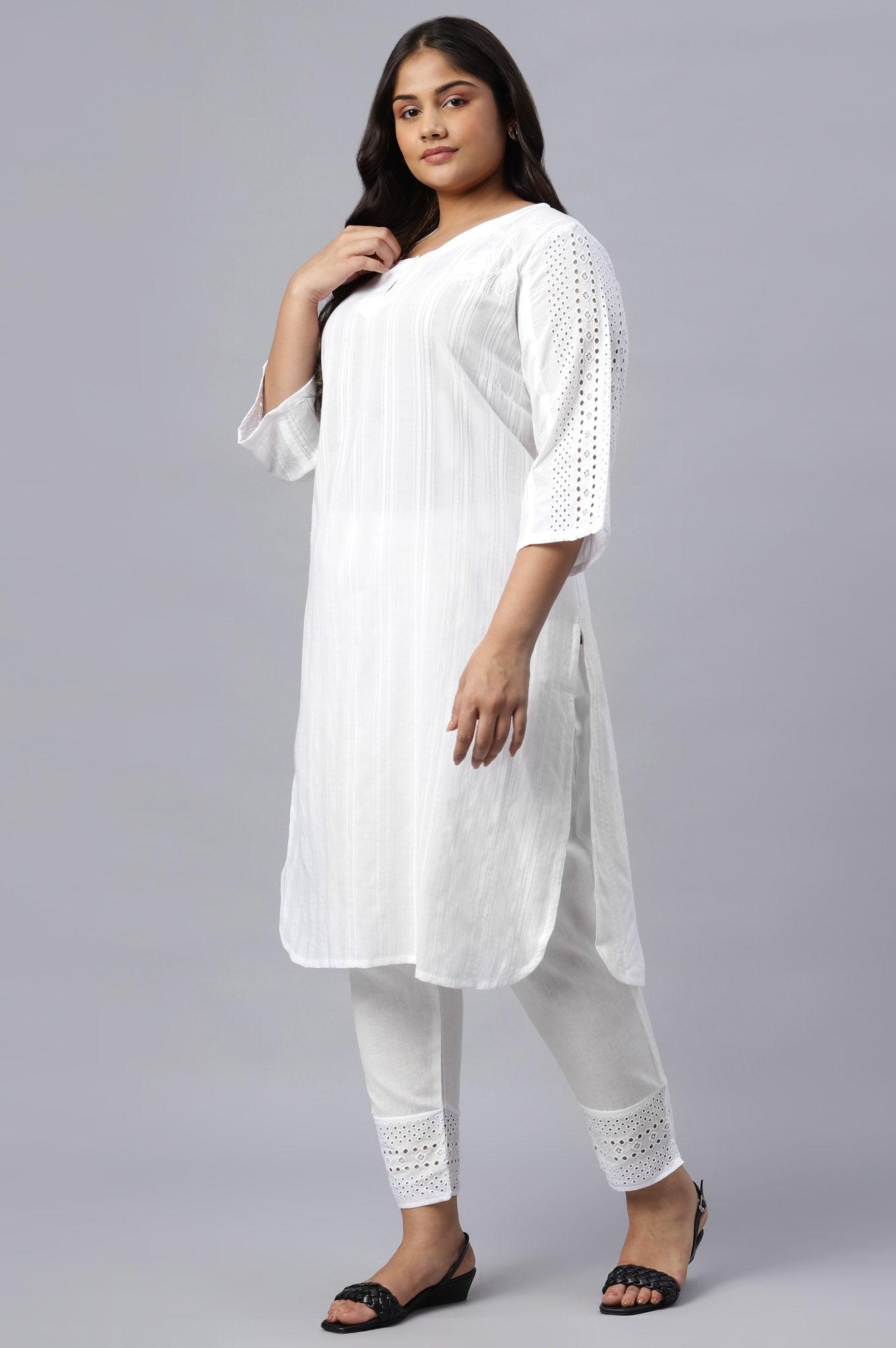 Plus Size Ecru Textured Schiffli kurta With Pants Set - wforwoman