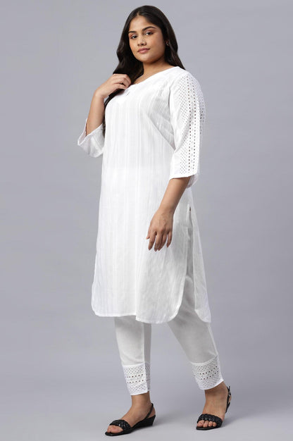 Plus Size Ecru Textured Schiffli kurta With Pants Set - wforwoman