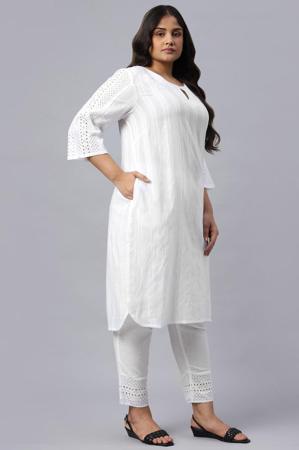 Plus Size Ecru Textured Schiffli kurta With Pants Set