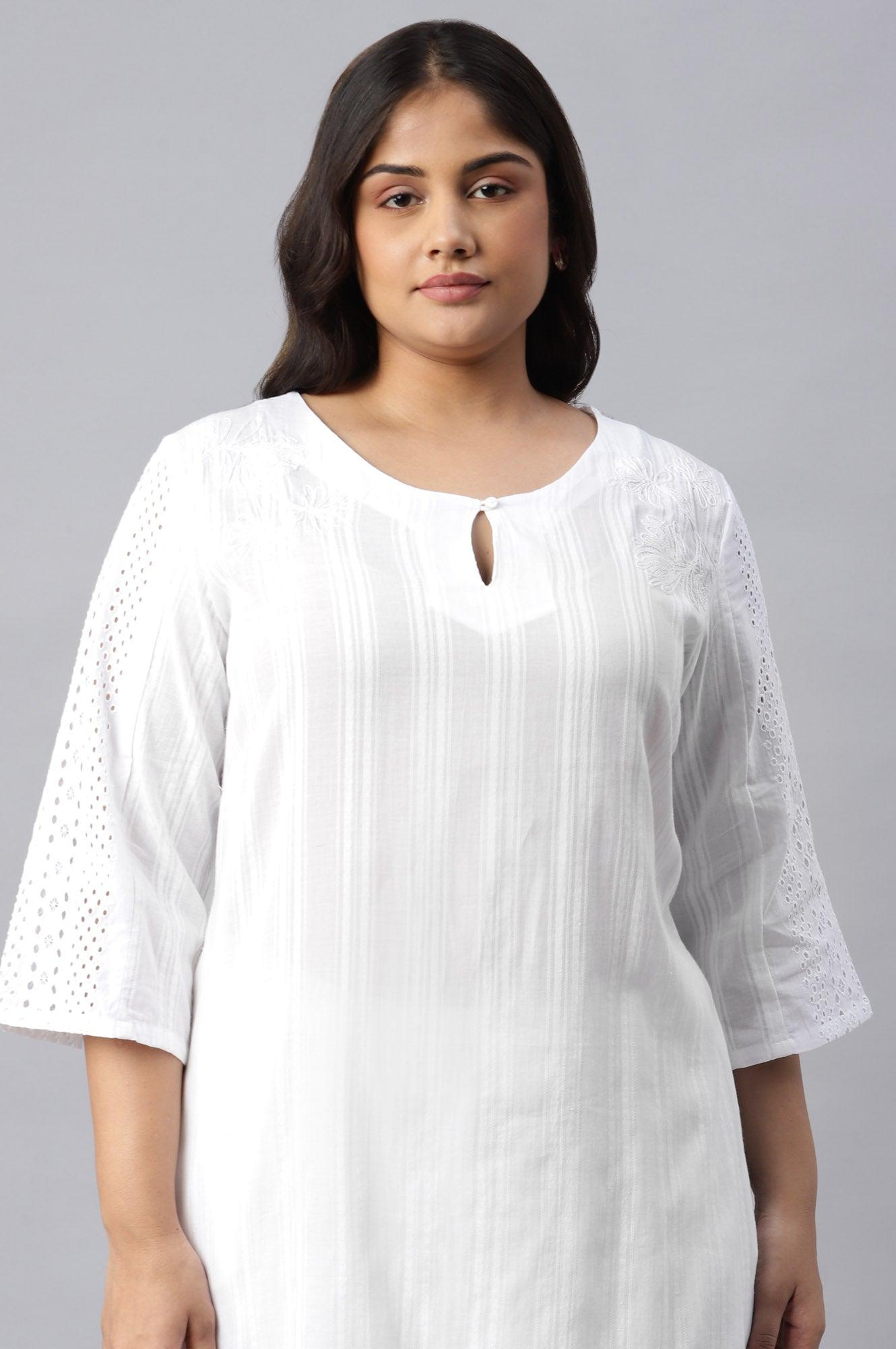 Plus Size Ecru Textured Schiffli kurta With Pants Set - wforwoman