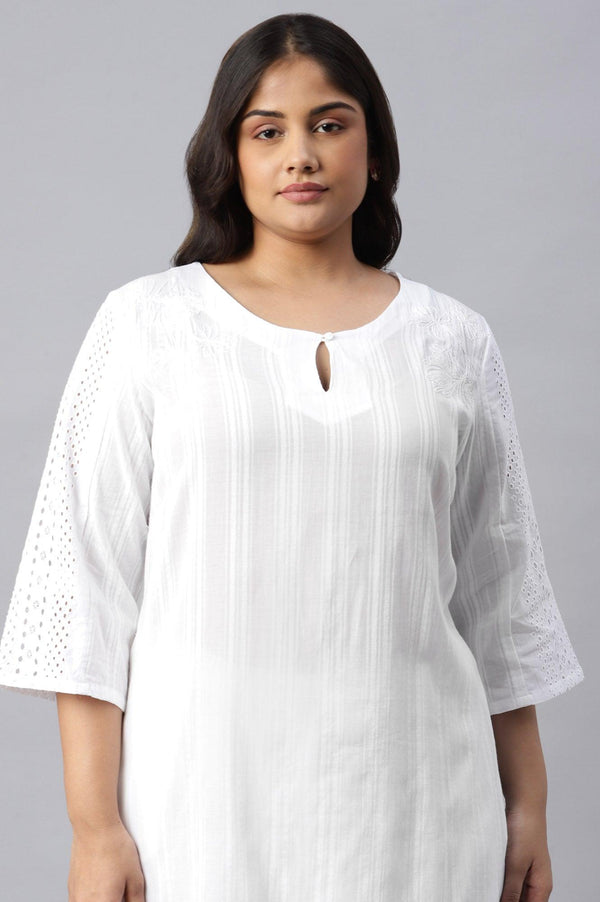 Plus Size Ecru Textured Schiffli kurta With Pants Set