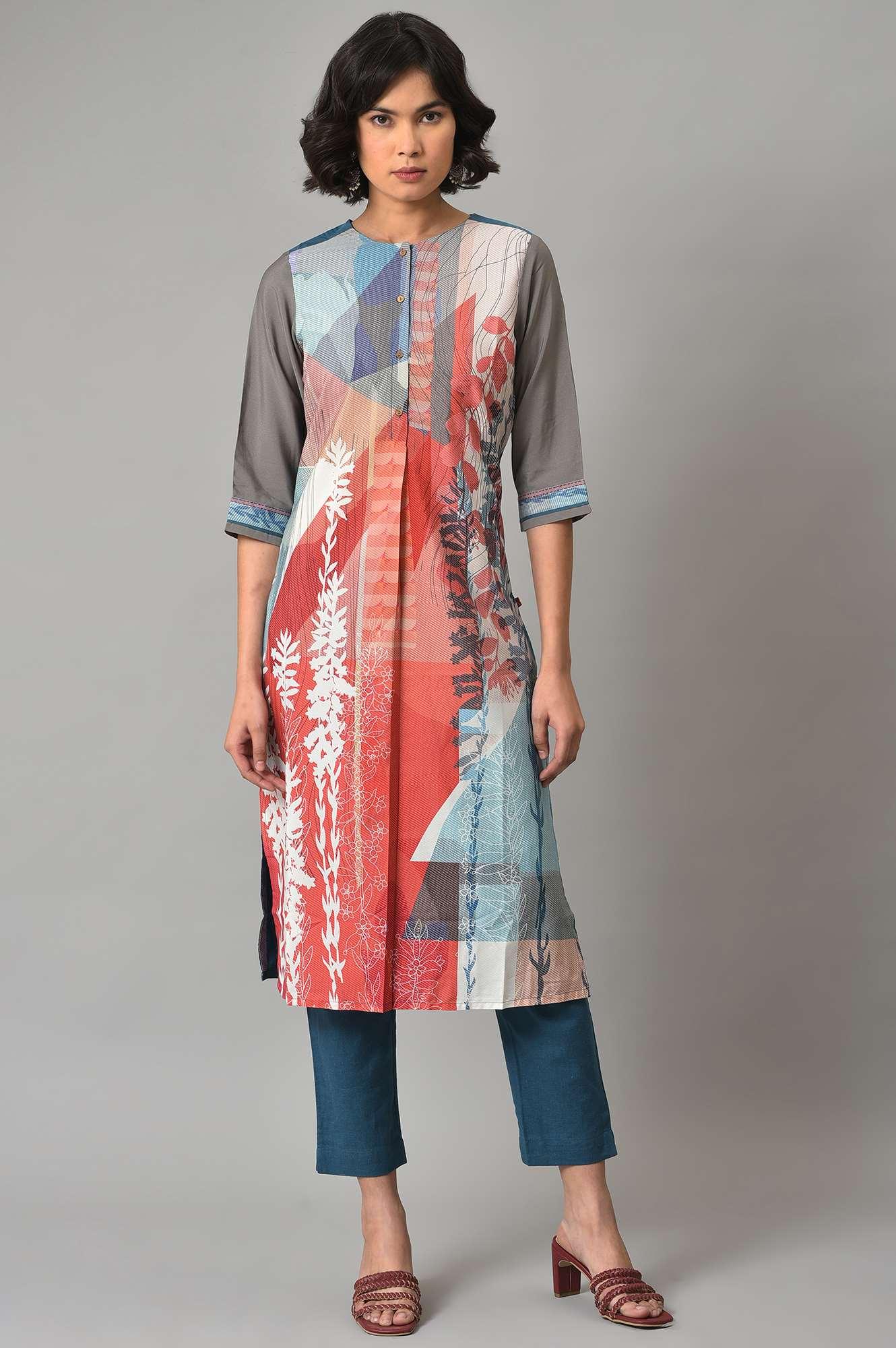 Bright Multi-Coloured A-Line kurta With Blue Slim Pants - wforwoman