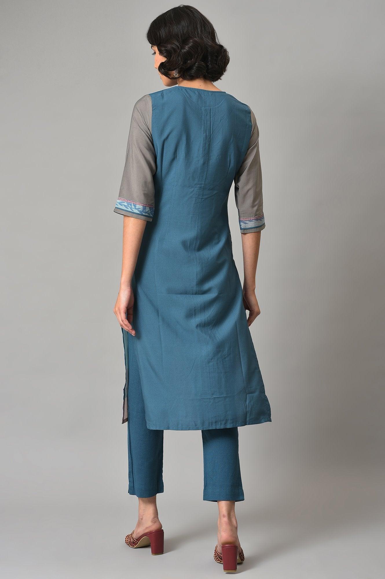 Bright Multi-Coloured A-Line kurta With Blue Slim Pants - wforwoman