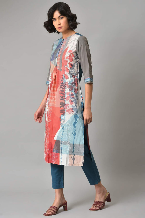 Bright Multi-Coloured A-Line kurta With Blue Slim Pants